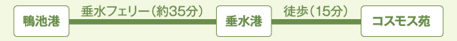 「鴨池港」から「垂水港」まで：垂水フェリーで約35分　「垂水港」から「コスモス苑」まで：徒歩で約15分